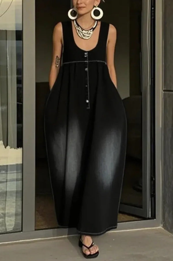 Stylish Sleeveless Loose-fitting Pocket Casual Denim Maxi Dress