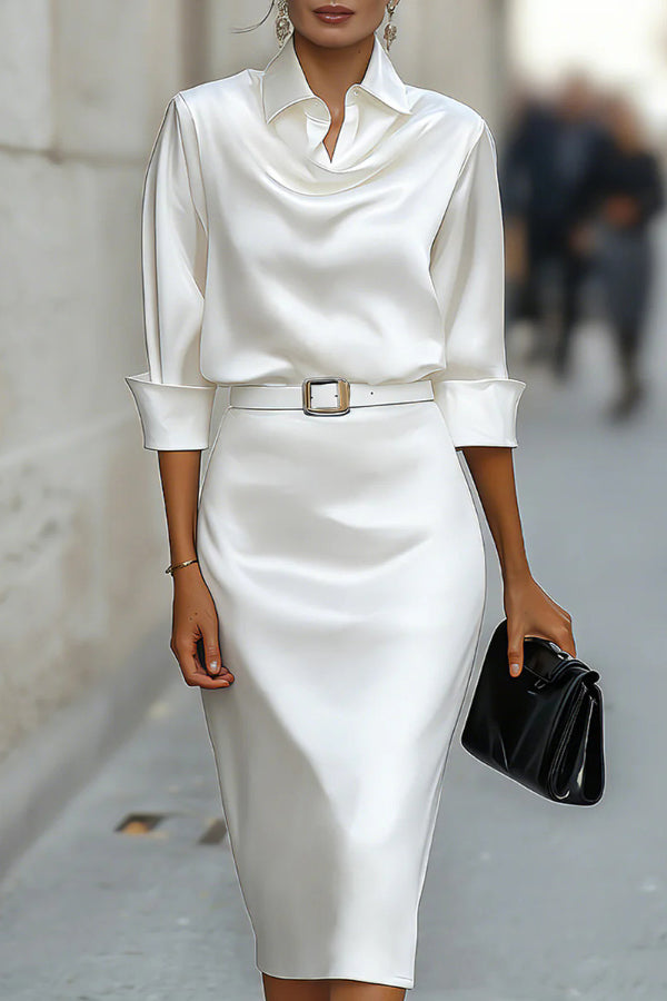 Solid Color Satin Lapel Long Sleeve Elegant Slim-fit Midi Dress