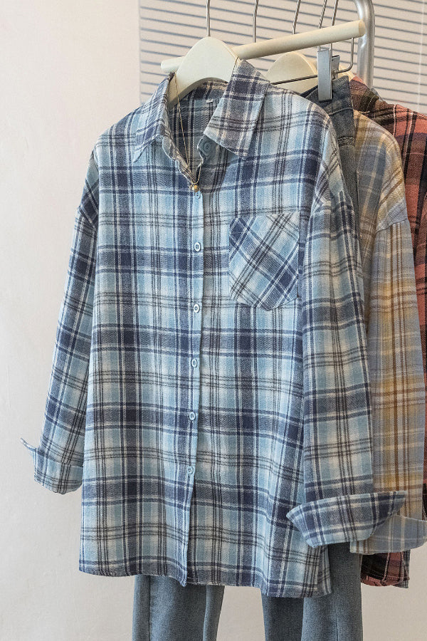 Stylish Plaid Collared Long-sleeved Pockets Casual Loose Shirt