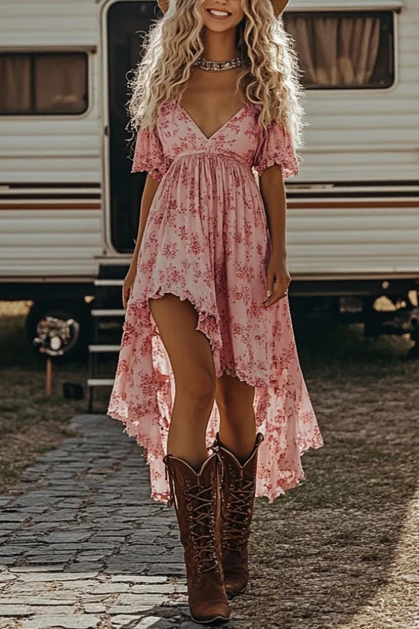 Floral Print V-neck Short-sleeved Fitted Waist Asymmetrical Midi Dress