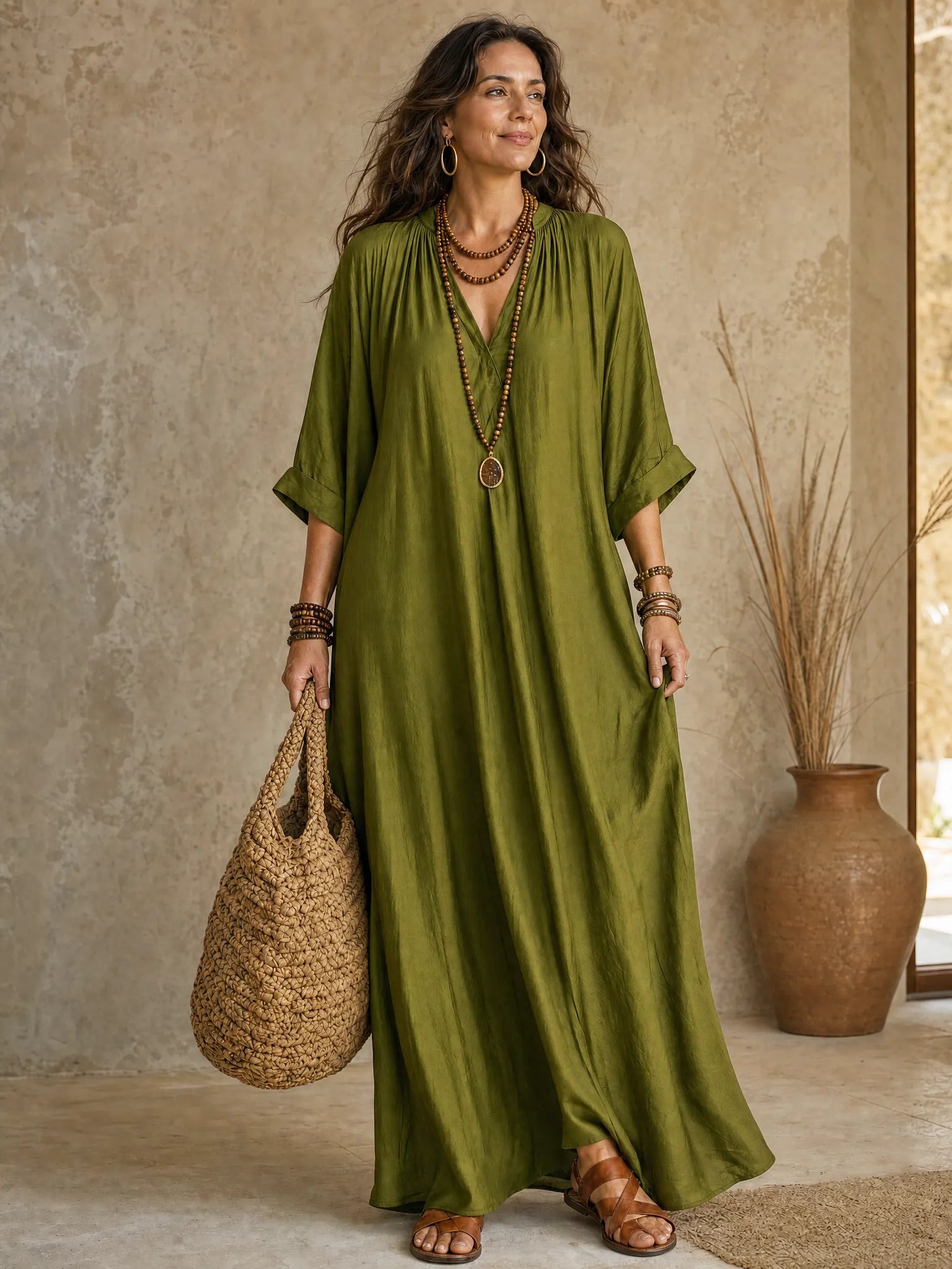 Olive Green Relaxed Bohemian Maxi Dress