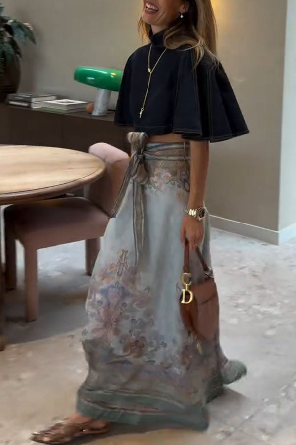 Next Vacation Denim Mock Neck Short Flutter Sleeves Crop Top