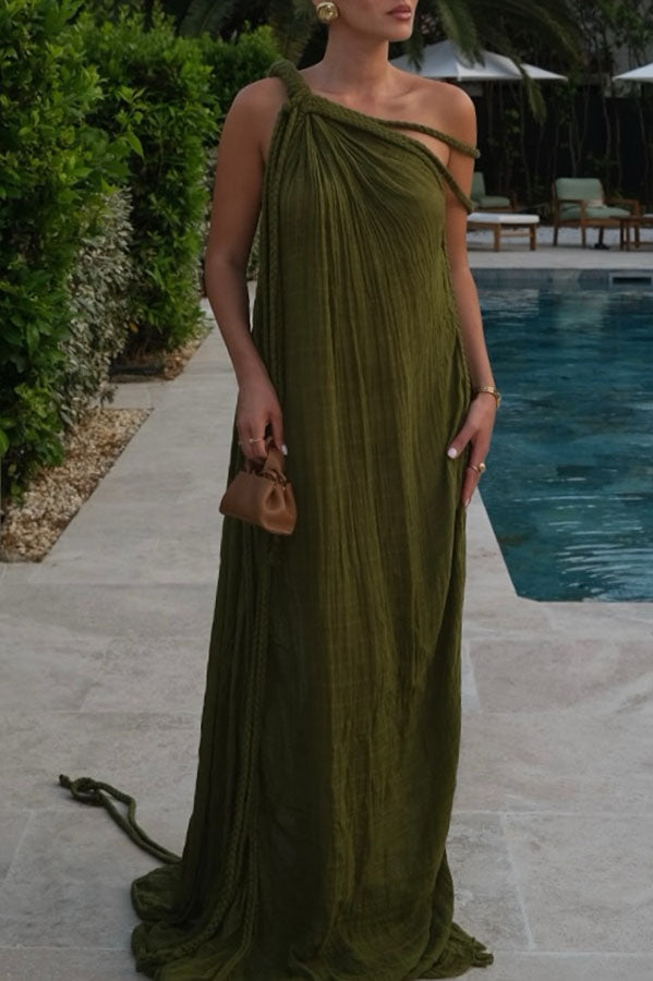 Khloe Linen Blend One Shoulder Draped Braids Cover Up Maxi Dress