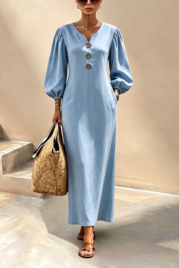 Elegant V-Neck Lantern Sleeve Maxi Dress