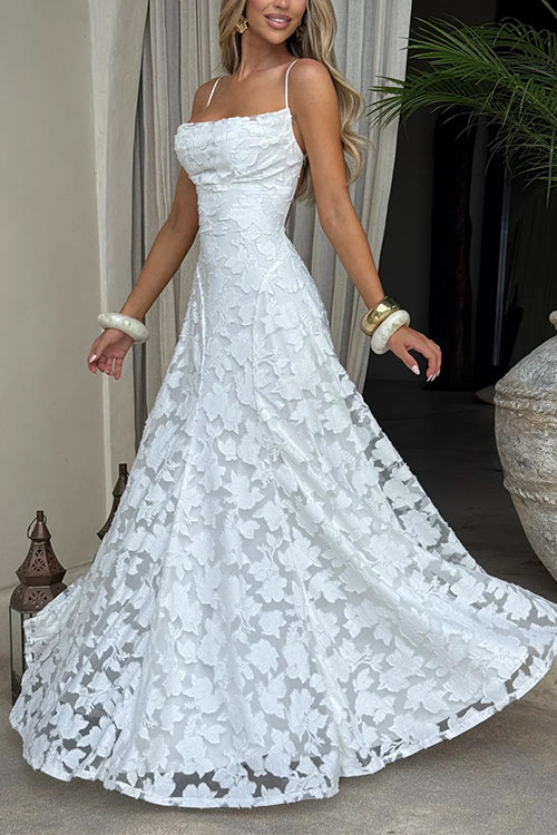 Spaghetti Strap Backless Lace-up Jacquard Maxi Dress