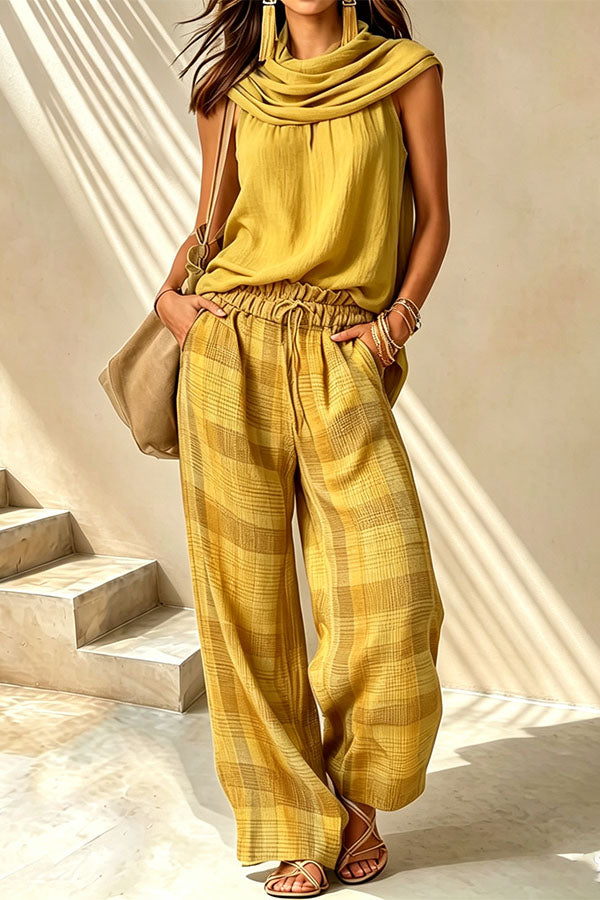 Scarf Collar Top & Matching Plaid Lounge Set