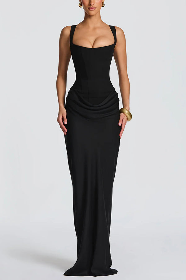 Larrah Square Neck Back Lace-up Satin Drape Hem Maxi Dress