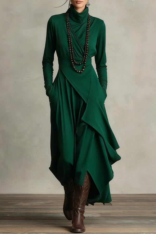 Solid Color High-neck Long-sleeved Irregular Casual Maxi Dress