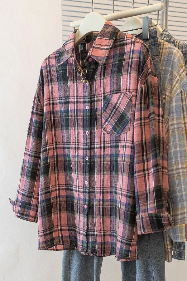 Stylish Plaid Collared Long-sleeved Pockets Casual Loose Shirt