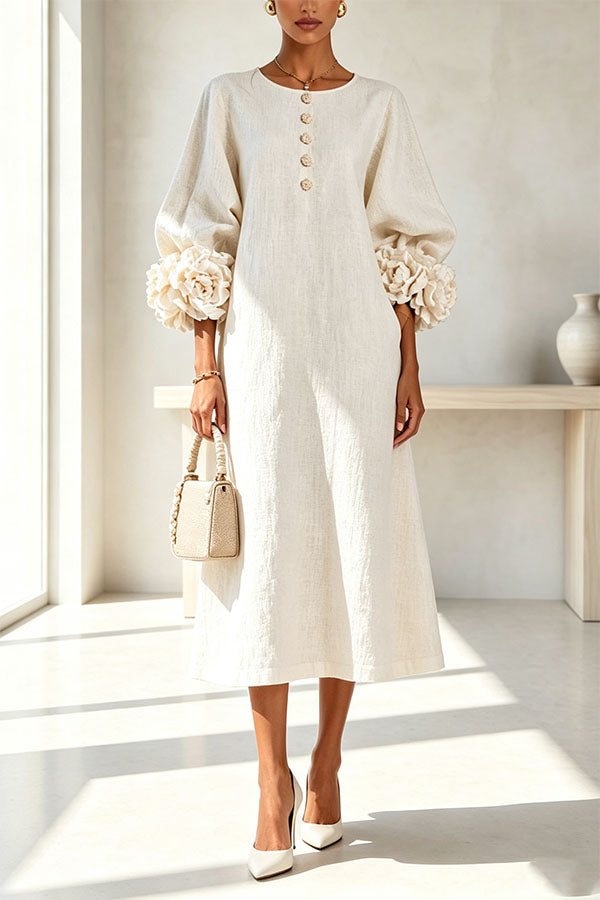 Rima Linen Blend Flowers Button Down Floral Cuffs Half Sleeve Pocket Midi Dress
