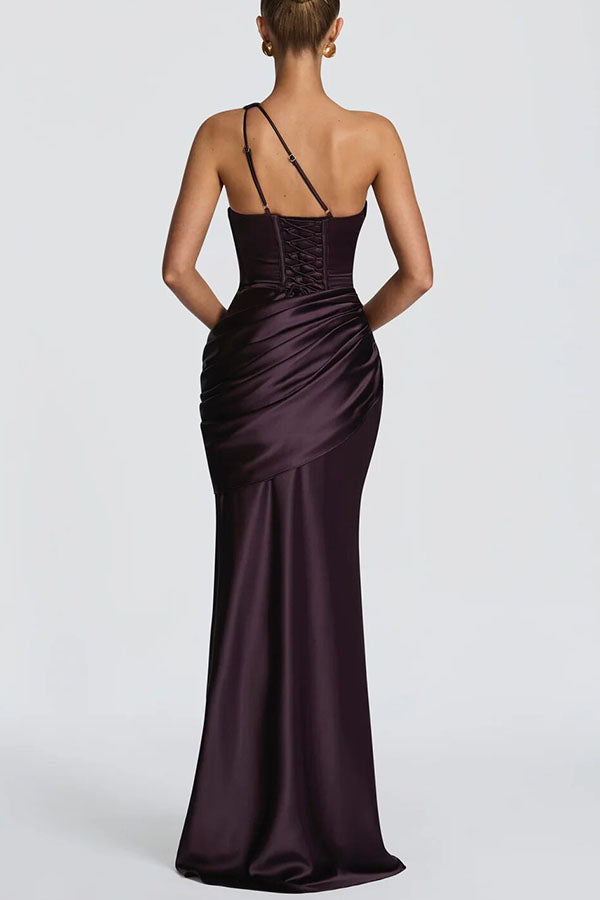 Emina Satin One Shoulder Asymmetrical Neck Cutout Back Lace-up Drape Maxi Dress (red)