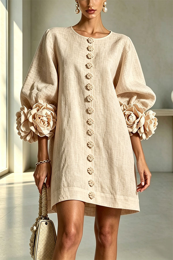 Rima Linen Blend Flowers Button Down Floral Cuffs Half Sleeve Mini Dress