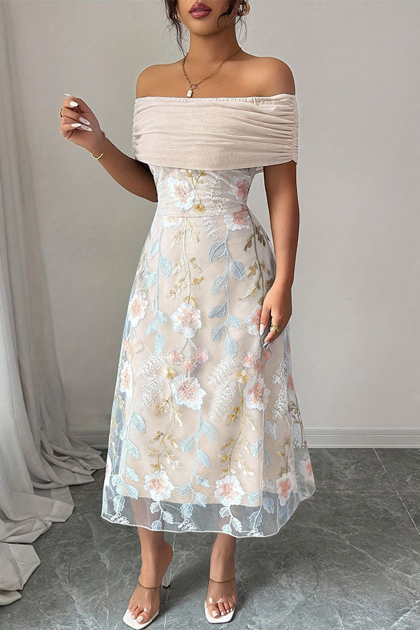 Elegant Ruched Off-Shoulder Floral Appliqué Midi Dress