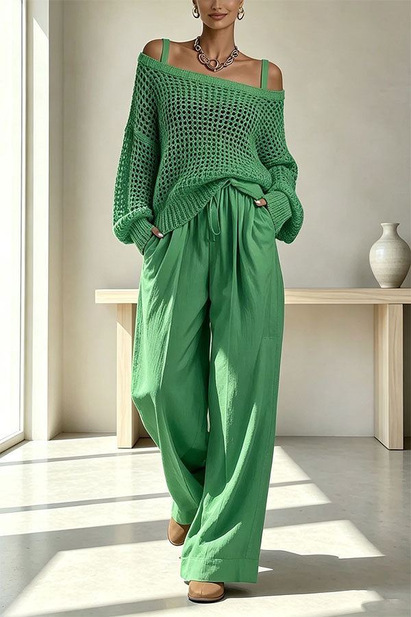 Cutout Knit Long Sleeve Top and Linen Blend Elastic Waist Pocket Pants Set