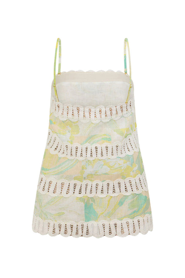 Summer Elegant Printed Curved Crochet Trim Camisole Top and Elastic Waist Casual Pocket Wide-leg Pants Set