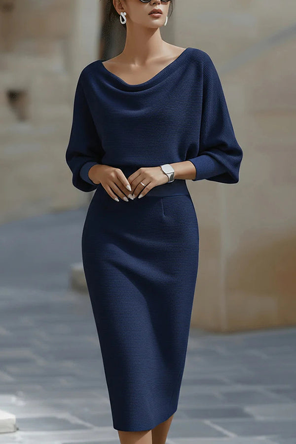 Solid Color Batwing Sleeve Fitted Waist Elegant Midi Dress