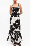 Color-blocked Floral Print Sleeveless Slim-fit Elegant Ruffled Hem Maxi Dress