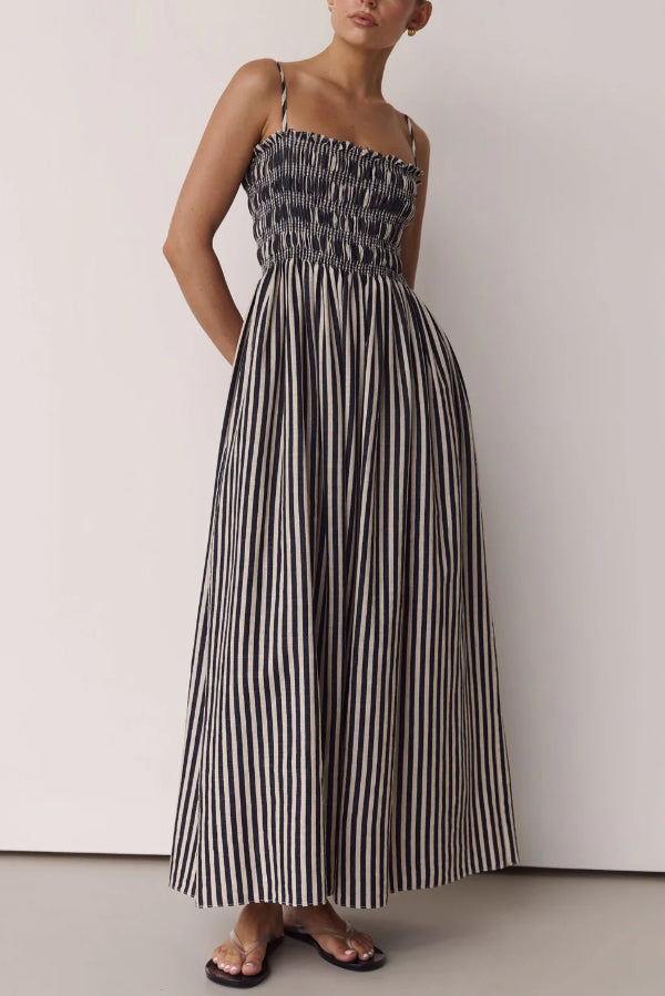 Striped Print Spaghetti Strap Pleated Pocket Casual Vacation Maxi Dress