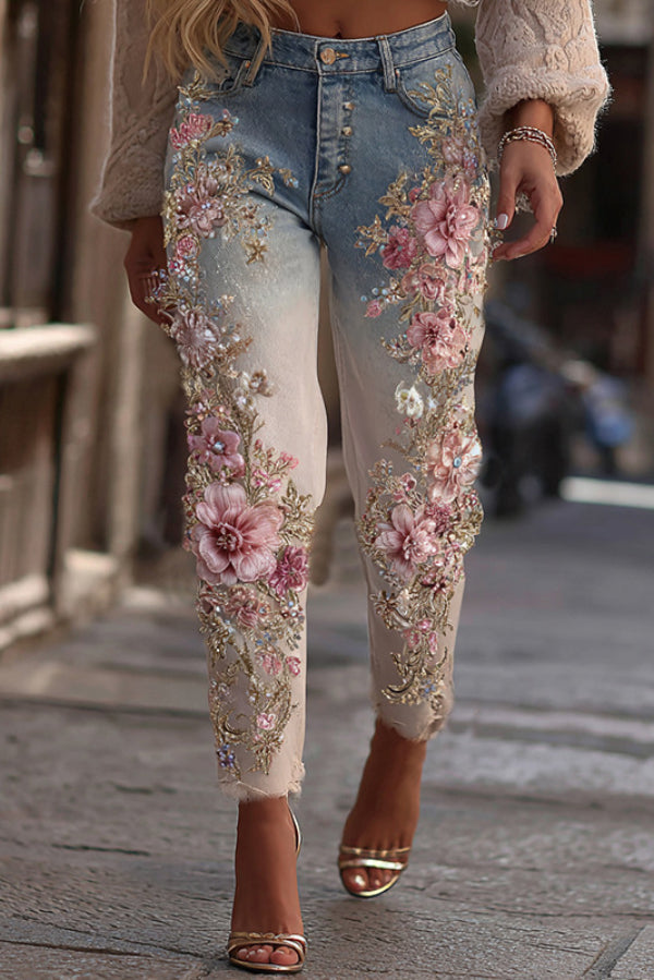 3D Floral Print Pocket Casual Jeans