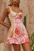 Sweet Floral Print Square Neck Suspender Slim-fit Mini Dress