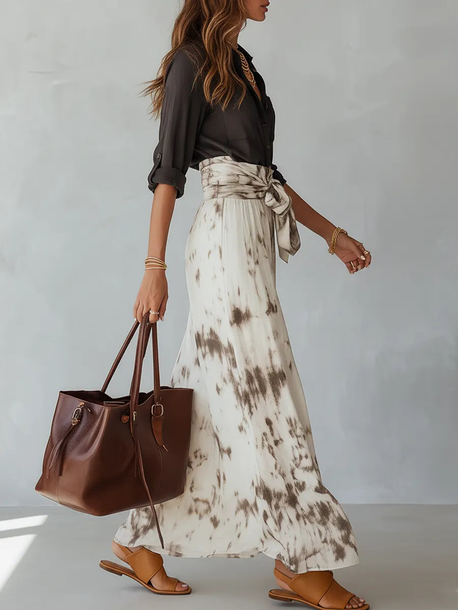 Effortless Button-Down Shirt & Tie-Dye Wide-Leg Skirt Set