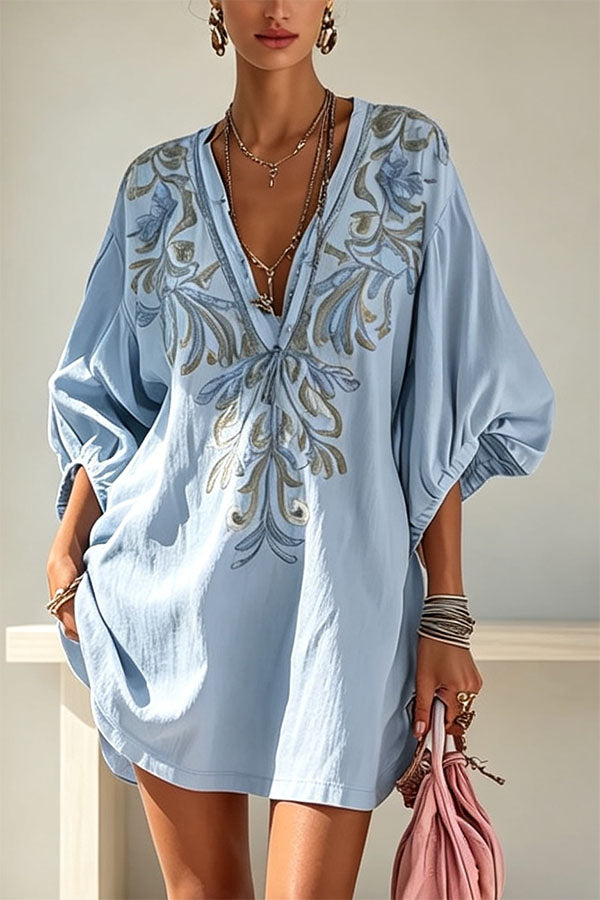 Gypsy Soul V-Neck Puff Sleeve Tunic Dress