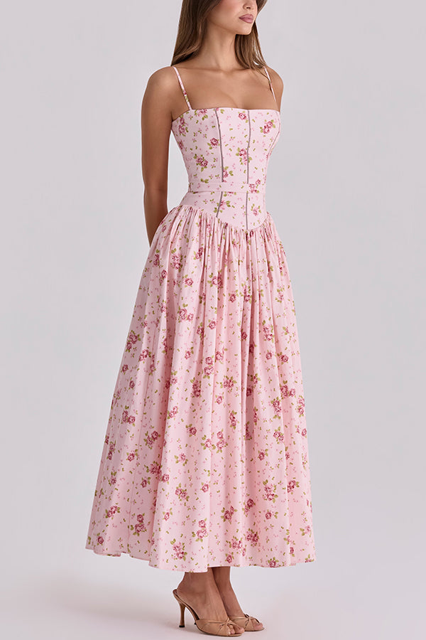 Romantic Countryside Stretch Cotton Blend Floral Print Cutout Trim Slip Midi Dress