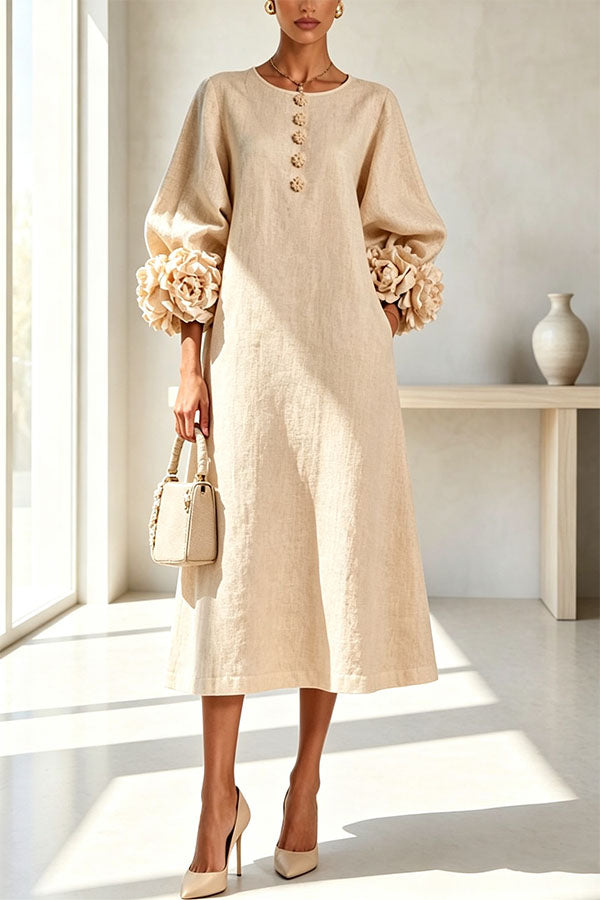 Rima Linen Blend Flowers Button Down Floral Cuffs Half Sleeve Pocket Midi Dress
