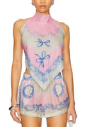 Amalfi Coast Satin Unique Print Scarf Top and Elastic Waist Pocket Loose Shorts Set