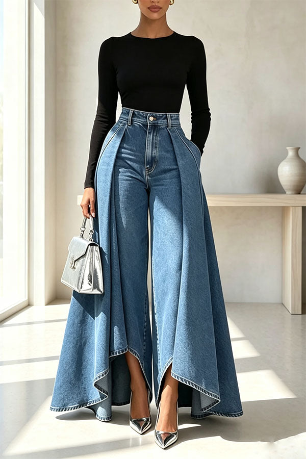 High-Waist Overlay Wide-Leg Jeans