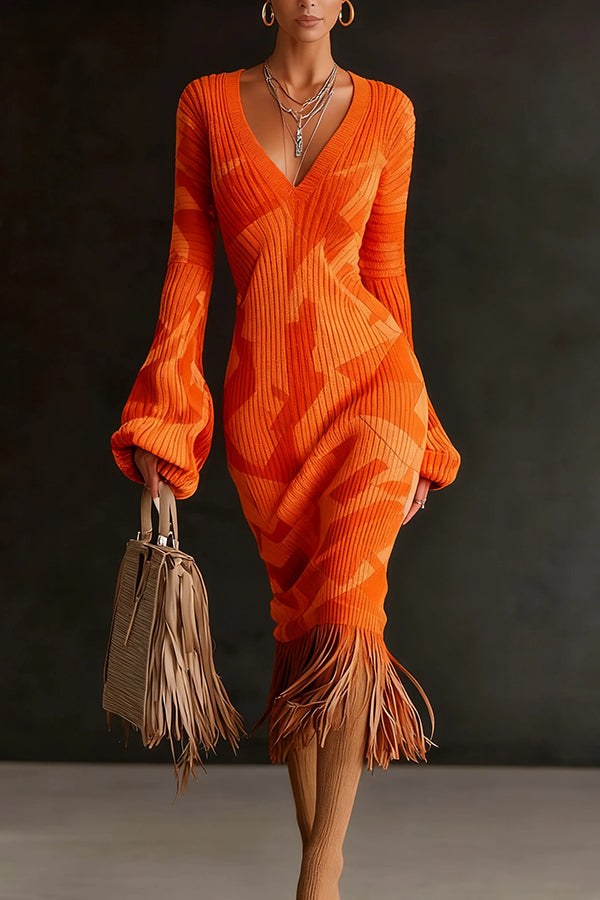 Unique Printed V-neck Long-sleeved Elegant Tassel Hem Midi Dress