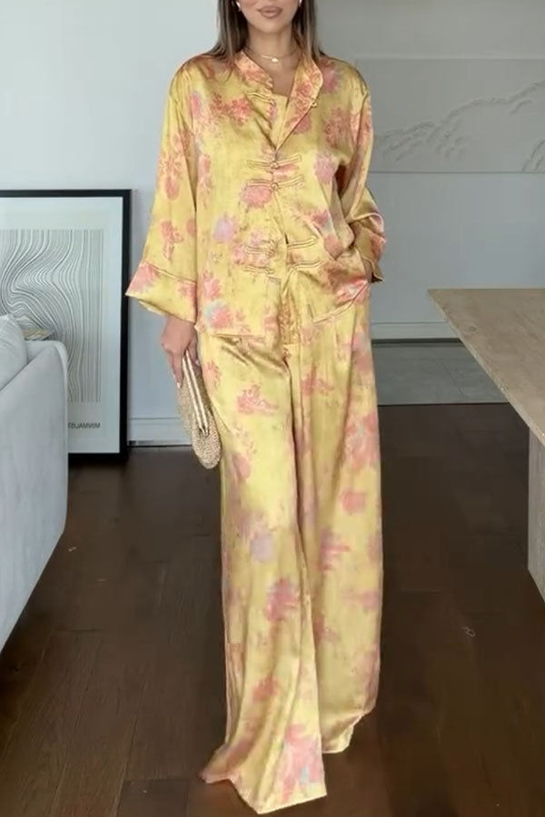 Floral Print Satin Knotted Button Long Sleeve Shirt and Elastic Waist Pocket Wide Leg Pants Set