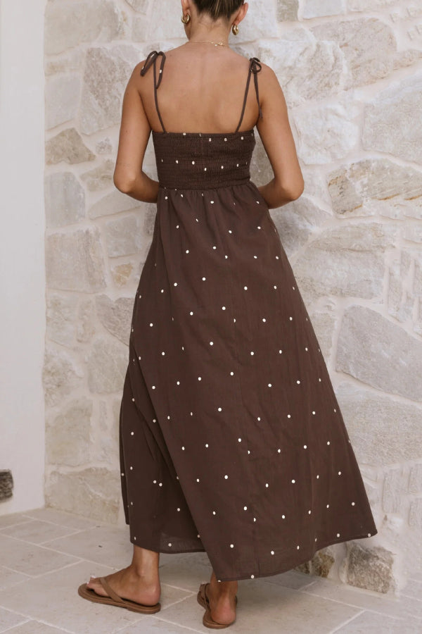 Fashionable Polka Dot Print Suspender High-waisted Pleated Casual Maxi Dress