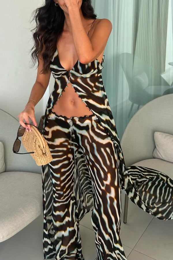 Zebra Print V-neck Camisole Long Mesh Top