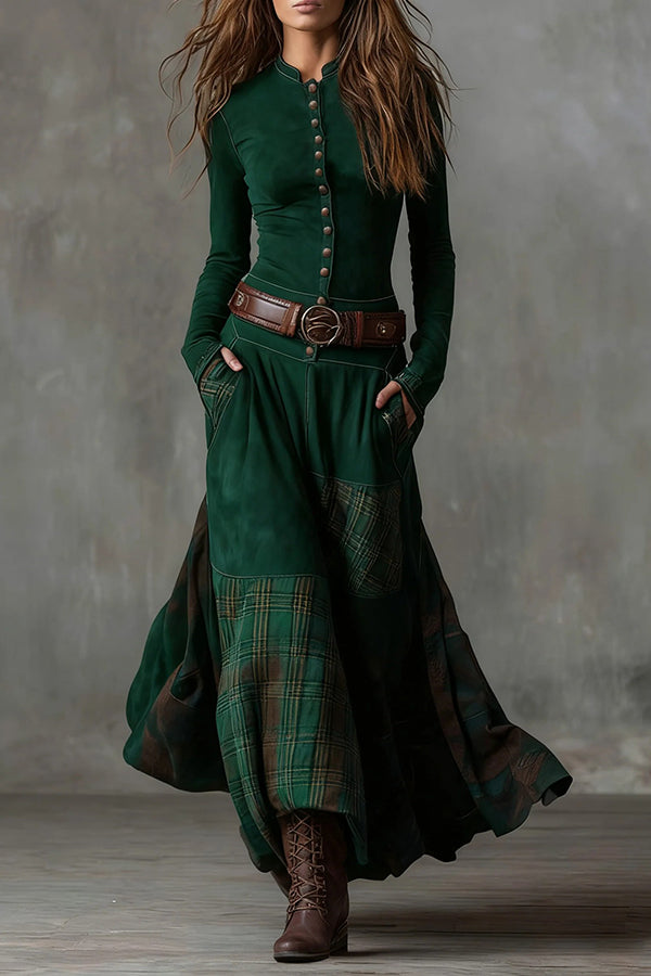 Retro-style Patchwork Single-breasted Long-sleeved Casual Pocket Maxi Dress