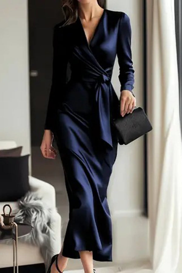 Solid Color Satin V-neck Long Sleeve Waist Tie Slim Midi Dress