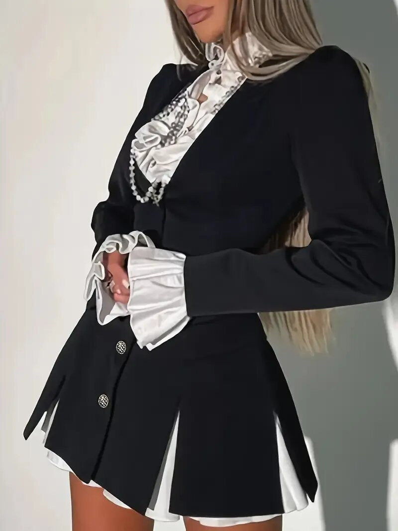 Altair Contrast Ruffled Shirt Patchwork Button Pleated Blazer Mini Dress