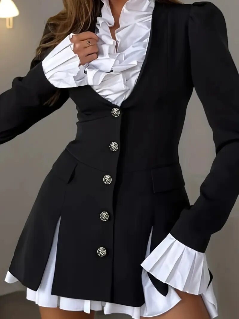 Altair Contrast Ruffled Shirt Patchwork Button Pleated Blazer Mini Dress