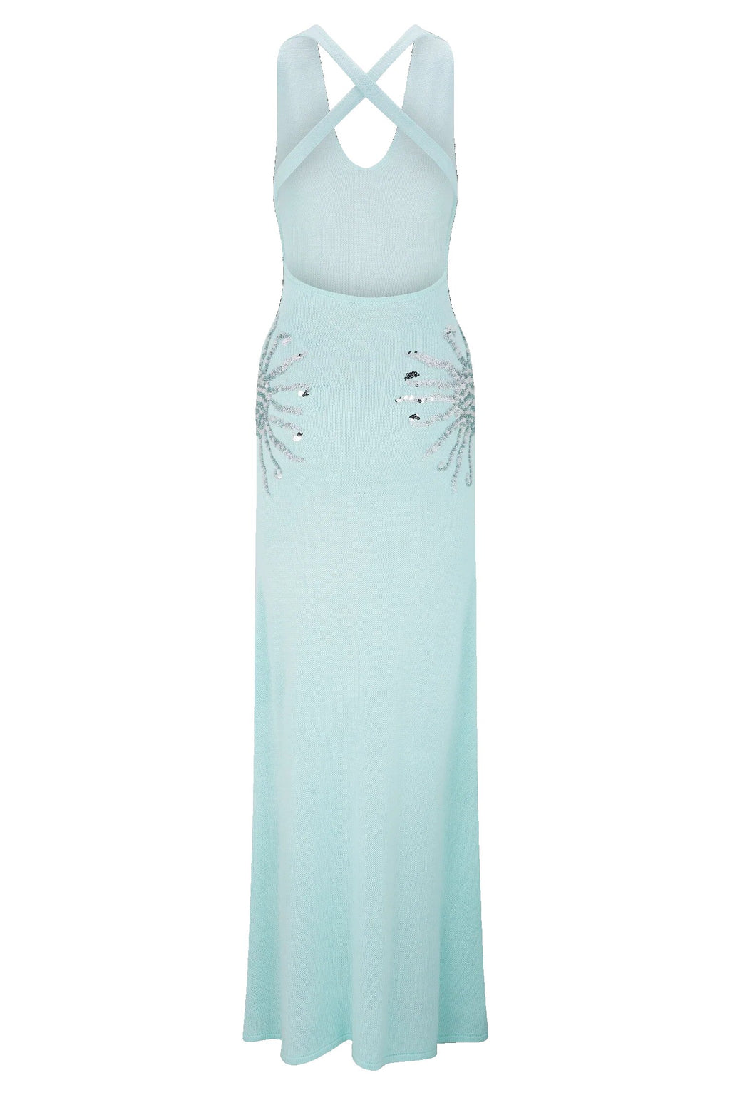 Sparkling Nights Knit Sunburst Sequin Detail Back Cross Straps Stretch Maxi Dress