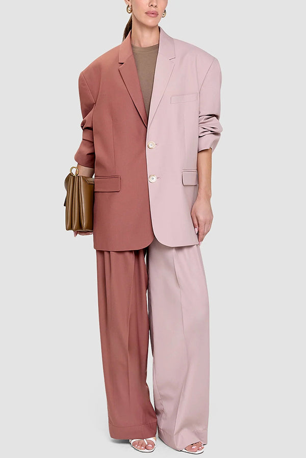 Girl Boss Avant-garde Contrast Colors Lapel Boyfriend Blazer and Pocketed Wide Leg Pants Set