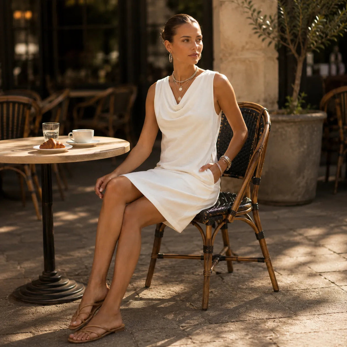 Cowl Neck Mini Dress with Pockets, Slim Fit Sleeveless Shift