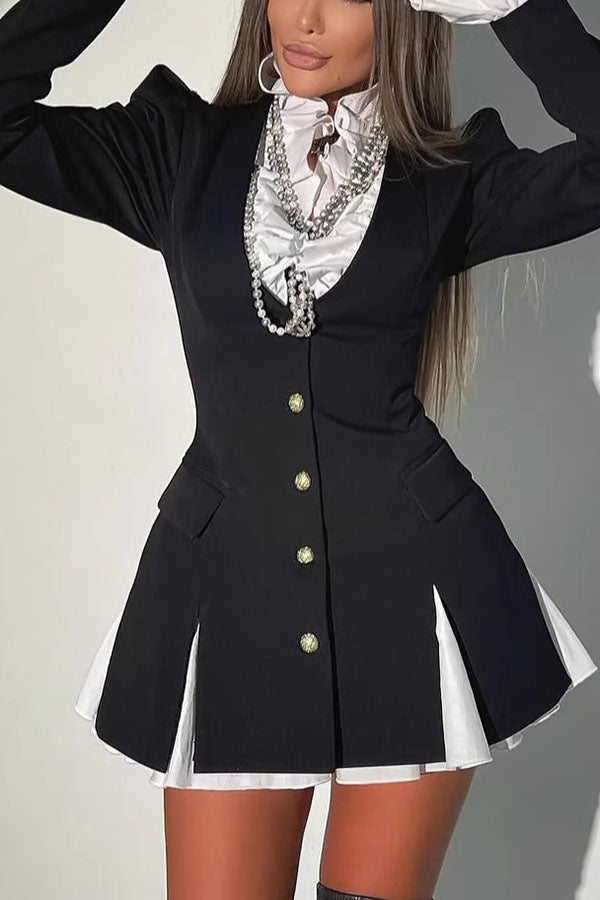 Altair Contrast Ruffled Shirt Patchwork Button Pleated Blazer Mini Dress