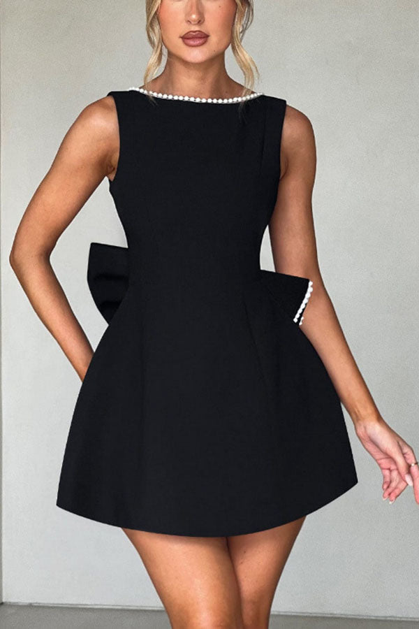 Stylish Pearl-embellished Large Bow Slim-fit Mini Dress