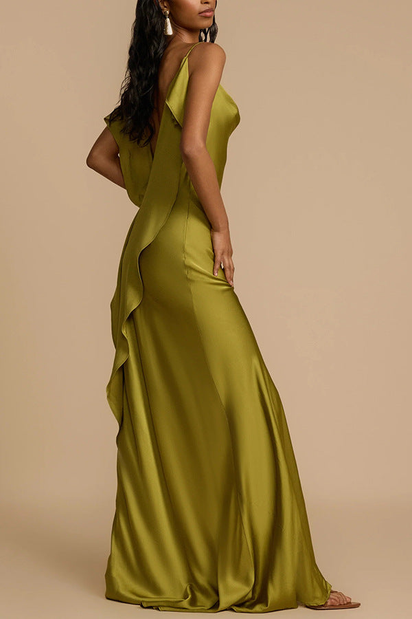 Evening Date Satin Cowl Neck Drape Ruffle Backless Bias Cut Party Maxi Dress