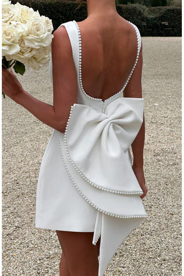 Stylish Pearl-embellished Large Bow Slim-fit Mini Dress