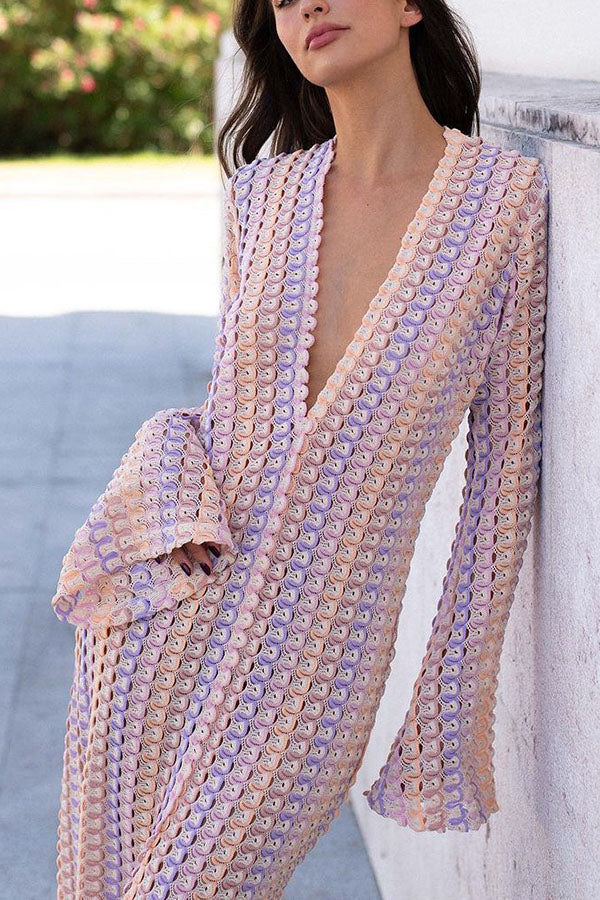 Eleanor Knit Colorful Wave Unique Print Shirt U-neck Long Sleeve Slit Maxi Dress