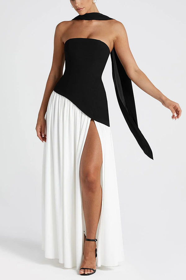 Elegant Off Shopulder Chiffon Pleated Hem Scarf Slit Maxi Dress