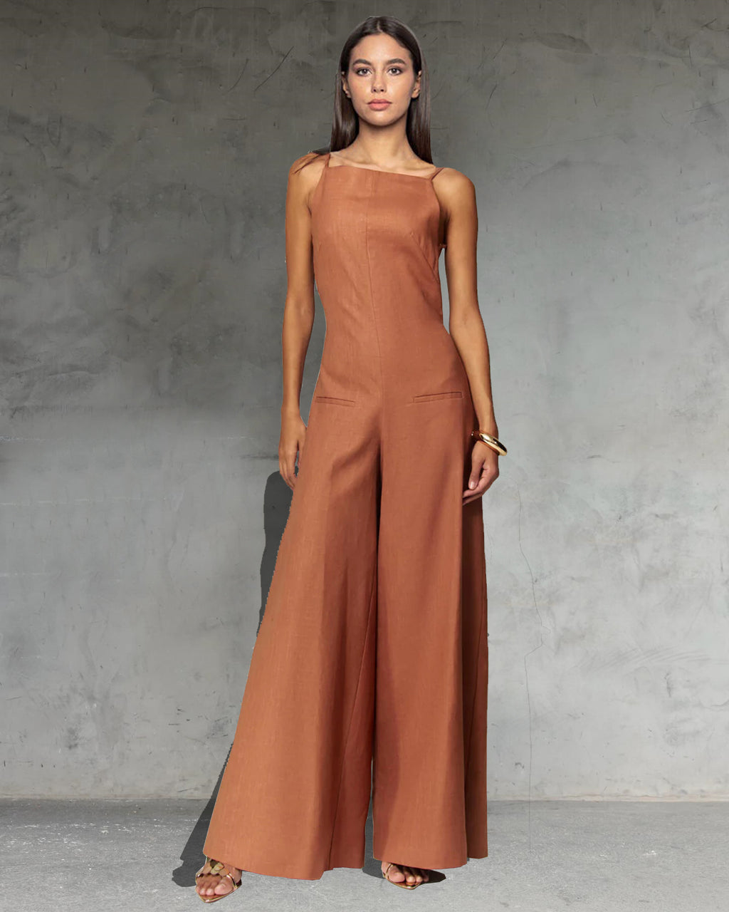 Kelso Linen Blend Square Neck Pocketed Backless Wide Leg Jumpsuit