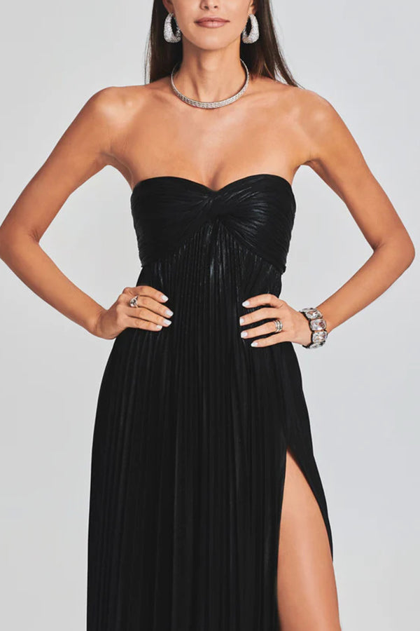 Metallic Sexy Tube Top Pleated High Slit Maxi Dress