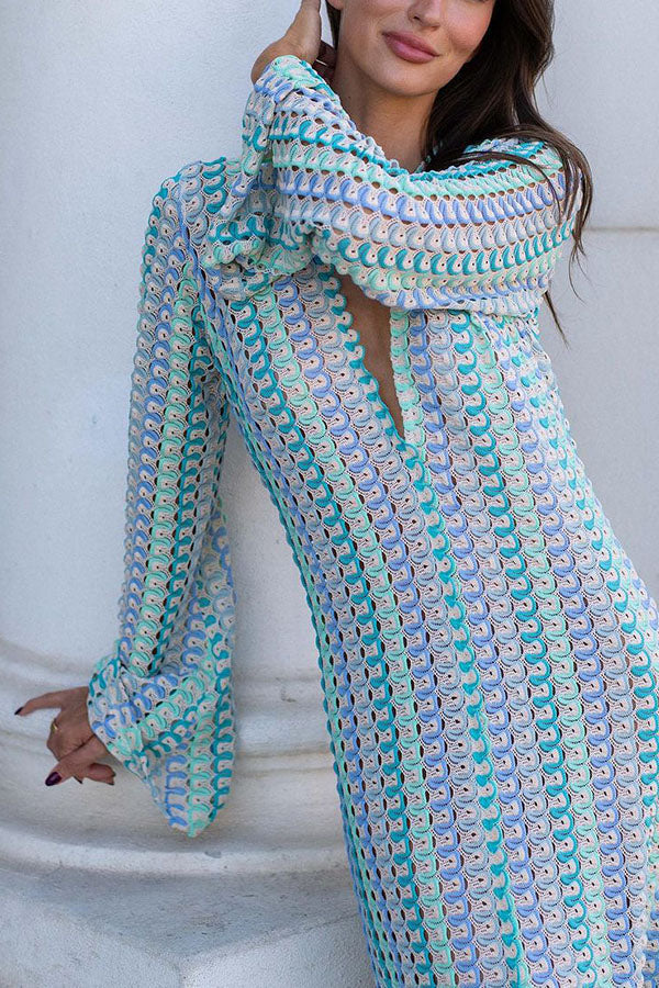 Eleanor Knit Colorful Wave Unique Print Shirt U-neck Long Sleeve Slit Maxi Dress